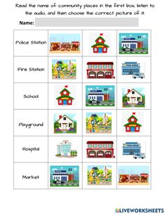 a worksheet with pictures of houses and buildings