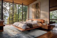 a large bed sitting in a bedroom on top of a hard wood floored floor