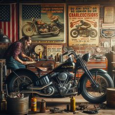 a painting of a man working on a motorcycle in a garage with posters behind him