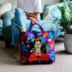 These beautifully Embroidered Tote Bags are not only a great statement piece, but a practical every day bag. Each bag is fully lined with an inside zippered pocket and padded shoulder straps. The bags measure 18" W x 14" H and comes in assorted colors and designs of Frida Khalo. Design is on the front side only. Email us at customerservice@luciasimports.com if you have any color preferences. Each purchase empowers Guatemalan artisans. Tote Bag With Embroidered Logo For Shopping, Multicolor Embroidered Rectangular Bags With Adjustable Strap, Rectangular Bag With Multicolor Embroidery And Adjustable Strap, Rectangular Bags With Multicolor Embroidery And Adjustable Strap, Rectangular Everyday Shoulder Bag With Embroidered Logo, Rectangular Shoulder Bag With Embroidered Logo, Rectangular Shoulder Bag With Embroidered Logo For Everyday, Multicolor Bags With Embroidered Logo For Everyday Use, Rectangular Shoulder Bag With Embroidered Logo For Daily Use