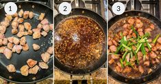 the process of cooking meat and vegetables in a skillet