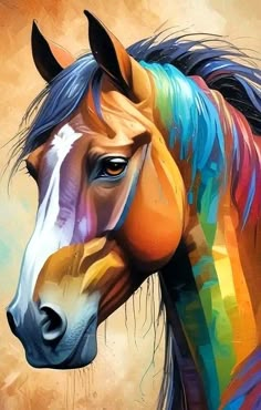 a painting of a horse with multicolored manes