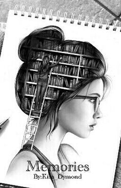 a drawing of a woman's head with bookshelves in the shape of a ladder