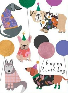 a birthday card with dogs and balloons