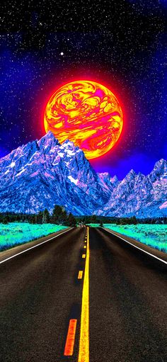 an image of a road with mountains in the background and stars on the sky above