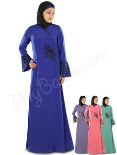 Madeeha Designer Beautiful Islamic Black Abaya/Dress, Modest Muslim Womens Clothing - www.mybatua.com Long Sleeve Blue Abaya With Floral Embroidery, Blue Long Sleeve Thobe With Dabka Work, Party Wear Abaya, Royal Blue Party, Islamic Abaya, Square Hijab, Matching Embroidery, Angrakha Style, Shopping Link