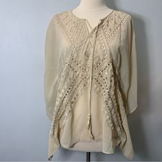 Bobeau Embroidery Tunic Blouse Size M New With Tag Tags Boho Bohemian Swim Cover Up Beach Summer Beige Long Sleeve Embroidered Summer Top, Spring Festival Beige Peasant Top, Beige Festival Tops With Lace Trim, Long Sleeve Beige Blouse For Festival, Summer Embroidered Beige Blouse, Summer Beige Blouse With Floral Embroidery, Cream Long Sleeve Festival Blouse, Festival Long Sleeve Cream Blouse, Embroidered Beige Blouse For Summer