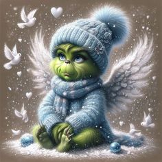 a painting of a small green creature wearing a blue hat and scarf with white birds around it