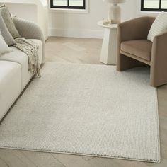 a living room with two couches and a rug on the floor in front of windows