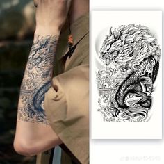 a man with a dragon tattoo on his arm next to an image of a dragon