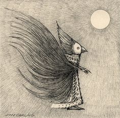 a drawing of a bird with long hair flying in the air, and a sun behind it