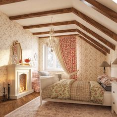 a bedroom with a bed, dresser and fireplace in it's centerpieces