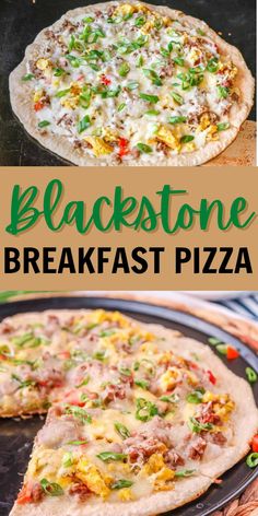 two different types of breakfast pizzas with the words blackstone breakfast pizza on top