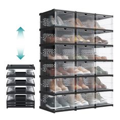 the shoe rack is filled with clear plastic bins and holds several pairs of shoes