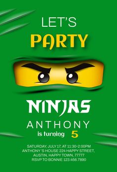 a party flyer with a lego face on the front and green background, says let's party ninjas an anthony 5