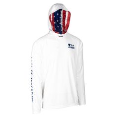 a white hoodie with the american flag on it