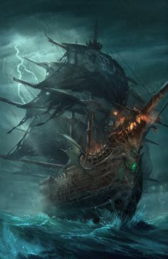 a ship in the ocean with lightning coming out of it's sails and lights on