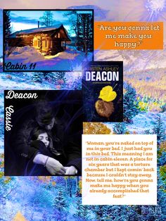 a collage of images with words and pictures on them, including an image of a cabin