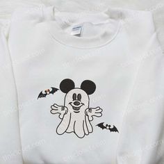 Spooky Mickey Mouse Retro Trendy Cute Bats Embroidered Shirt, Disney Characters Embroidered Hoodie, Best Halloween Gift Ideas Cute White Mickey Mouse Sweatshirt, White Cotton Mickey Mouse Sweatshirt, White Disney Character Print Sweatshirt, White Mickey Mouse Sweatshirt For Winter, Disney White Sweatshirt With Cartoon Print, White Mickey Mouse Winter Sweatshirt, White Disney Cartoon Print Sweatshirt, Disney White Cartoon Print Sweatshirt, Winter White Mickey Mouse Sweatshirt