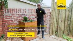 a man standing next to a wooden planter with plants in it and the words, how to win xoxian xk'tikiliize make your own planter hoespic holder