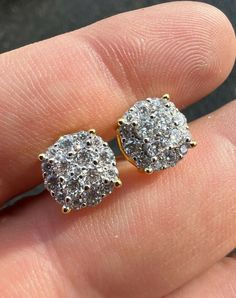 "Super Iced Out mens or womens round cluster earrings 1.2ct VS D color excellent cut moissanite stones PASSES DIAMOND TESTER ANY PEN OR LIGHT TRANSMISSION DIAMOND TESTER (Will show up as moissanite and not diamond on lab assays however) Comes with GRA certificate Nice micropave setting 14k gold vermeil over Solid 925 sterling silver! Wont turn your ears green, contains no nickel or brass! Nice round stones! About 1/3\" (8mm) wide perfect medium size! Pair weighs around 3 grams Screw backs for a Fine Jewelry Cubic Zirconia Round Cluster Earrings, Fine Jewelry Round Cluster Earrings With Halo Design, Round Diamond Cut Cluster Earrings For Anniversary, Diamond Cluster Earrings For Anniversary, Anniversary Sterling Silver Cluster Earrings, Dazzling Round Sterling Silver Cluster Earrings, Anniversary Brilliant Cut Cluster Earrings, Dazzling Round Cluster Earrings For Anniversary, Anniversary Round Brilliant Cut Cluster Earrings