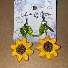 Adorable Sunflower Dangle Earrings. New Casual Yellow Earrings Perfect For Gifts, Casual Yellow Earrings For Gift, Cute Handmade Yellow Flower Earrings, Handmade Yellow Earrings For Spring, Trendy Handmade Yellow Flower Earrings, Yellow Sunflower Design Earrings For Summer, Cute Handmade Yellow Earrings, Cute Handmade Yellow Jewelry, Yellow Ear Wire Party Earrings