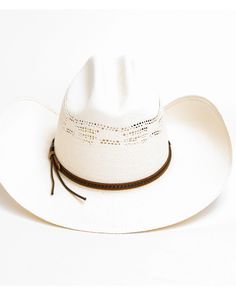 Bangora straw. Vented crown. 4" brim. Leather sweatband. Cattleman crease crown. Curved brim. Brown leather hat band with braided and studded accents White Toquilla Straw Hat Bands For Ranch, Adjustable Flat Brim Straw Hat For Rodeo, Rodeo Hats With Braided Short Brim, Rodeo Braided Hat With Short Brim, Western Style Adjustable Straw Hat With Flat Brim, Adjustable Flat Brim Western Straw Hat, White Brimmed Straw Hat For Ranch, White Toquilla Straw Hat Bands For Western-themed Events, Braided Short Brim Hat For Rodeo