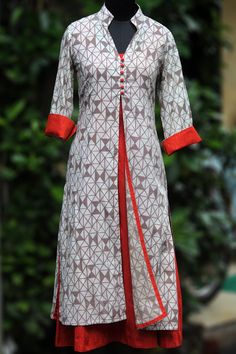 a stylish, contemporary, high-collared jacket compliments a rust dress within! they can be worn separately with different coordinates. you can style the jacke Salwar Pattern, Churidar Designs, Simple Kurta Designs, Collared Jacket, Kurta Neck Design