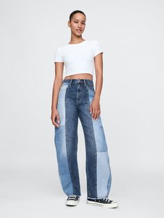 Fit: A full-length barrel jean that's fitted at the waist with a relaxed leg and tapered ankle.  Fabric: 95% Cotton, 5% Recycled Cotton.  Stretch: No Stretch Jeans.  Authentic denim that gets better with every wear.  Made to wear all day & break in over time.  Rise: High Rise Jeans.  Look: A classic five-pocket barrel jean in patchwork denim washes.  Details: Zip fly & five-pocket styling.  Responsibly Made: This pair of jeans is part of our water-saving Washwell program.  Compared with conventional wash methods, Washwell uses at least 20% less water and has saved over a billion liters of water since 2016.  Our High Rise Jean has an 12" 28 cm) rise. ​ Full-length jean.  Hits below the ankle. ​ ​17. 5” 44. 5 cm) leg opening.  Inseam: Petite 27" 68. 5 cm), Short 28" 71 cm), Regular 29. 5" 75 High Waisted Baggy Jeans Outfit, Contrast Stitch Jeans, Denim Washes, Barrel Jeans, Wife Style, Jeans Look, Layered T Shirt, Patchwork Denim, Nightwear Women