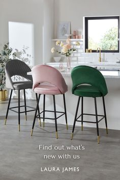 three bar stools in different colors with the quote find out what's new with us