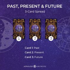 three cards with numbers and symbols on them for the past, present & future 3 - card spread