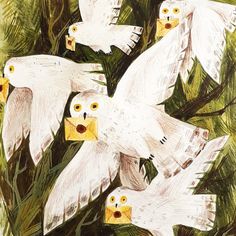 a painting of white birds flying in the air with yellow beaks on their heads