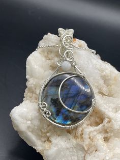 "This beautiful blue Labradorite pendant is about 2 1/2inches tall and 1 1/4 inch wide, it comes on a complimentary 18\" stainless steel chain and in a gift box, ready for gifting!  All of my pieces are made with high quality wire from Riogrande. These are not costume pieces that will chip away or rust over time. They will last forever if taken care of, which is why I include a free polishing cloth with every order. Quality is very important to me! If you have any questions, I'm happy to help." Wire Wrap Jewelry Designs, Jewelry Gift Ideas, Necklace For Her, Diy Wire Jewelry, Labradorite Jewelry, Moon Jewelry, Blue Labradorite, Unique Handmade Jewelry, Jewelry For Her