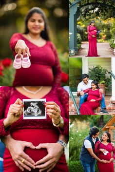 a pregnant woman in a red dress holds her baby bump while the man is holding his belly