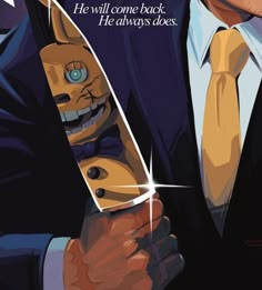 a man in a suit holding a knife with the caption he will come back he always dies