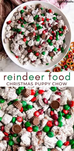 a bowl filled with christmas puppy chow next to another bowl full of candy and pretzels