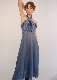 The Risa halter neck dress features an oversized bow detail. Details: self-100% ramie combo-100% viscose lining-100% cotton invisible side zipper designed for a slimmer fit style #PF24-153 model is 5'10'' and wearing a size 4 Clarks Wallabees, Blue Clay, Sea Ny, Halter Neck Dress, Halterneck Dress, Mid Dresses, Engineered Garments, Kids Sleepwear, Fit Style