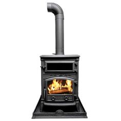 a stove that is on top of a white surface with a pipe sticking out of it