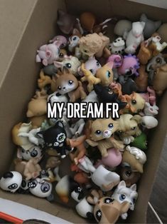 a box filled with lots of small toy animals