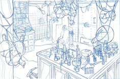 a drawing of a kitchen filled with lots of clutter