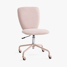 an office chair with wheels and a pink upholstered seat, viewed from the front