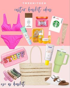 Easter basket ideas for girls Teen Birthday Basket Ideas, Travel Easter Basket Gift Ideas, Swim Easter Basket Ideas, Spring Break Gift Basket Ideas, Easter Basket For Wife, Womens Easter Basket, Valentines Basket For Teen Girl, Teen Easter Basket Ideas 2024, Beach Themed Easter Basket Ideas