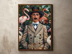 a painting of a man in a suit and hat with flamingos on the background