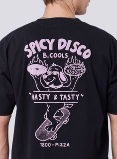 The Spicy Disco Tee in Black is our oversized streetwear essential. Produced on 230g 100% cotton jersey with graphic prints. Relaxed/Oversized Fit Tee Thicker Neckline Heavy weight Fabric Puff Print Chest & Back Logo Streetwear Ideas, Clothing Reference, Old School Tattoo Designs, Design Shirts, Streetwear Essentials, Oversized Streetwear, Black Retro, Puff Print, Wardrobe Ideas