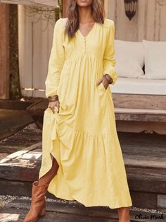 Olivia Mark - Vintage Buttoned Cotton Linen Casual Long Sleeve Maxi Dress with Pleated Hem - Multiple Colors Cotton Boho Dress, Vacation Maxi Dress, Vestidos Retro, Shift Dresses, Womens Fall Dress, Long Sleeve Casual Dress, Women Maxi, Long Sleeve Maxi, Types Of Skirts