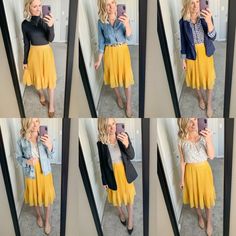 Yellow Pleated Skirt Outfit, Work Outfit Autumn, Mustard Skirt Outfit, Denim Capsule Wardrobe, Yellow Skirt Outfits, Yellow Pleated Skirt, Preschool Teacher Outfits, Teacher Outfit Ideas, Thrifty Fashion