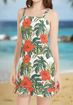 Escape to a tropical paradise with our Enchanting Hawaiian Sleeveless Mini Dress! Inspired by the vibrant beauty of Hawaii, this dress features a stunning white background adorned with bold orange hibiscus flowers. Imagine strolling along a sun-kissed beach or enjoying a summer party in this eye-catching dress. Each dress is meticulously crafted, capturing the essence of a Hawaiian vacation. Our artisans carefully select the finest lightweight and breathable fabric to ensure you stay cool and co Tropical Print Sleeveless Sundress For Beach Party, Sleeveless Tropical Print Sundress For Beach Party, Sleeveless Hibiscus Print Sundress For Vacation, Sleeveless Sundress With Hibiscus Print For Vacation, Tropical Hibiscus Print Sundress For The Beach, Tropical Hibiscus Print Sundress For Beach, Tropical Sundress With Tropical Print For Vacation, Tropical Print Sundress For Vacation, Sleeveless Tropical Print Sundress For Poolside