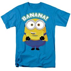 a blue t - shirt with an image of a minion on it that says banana