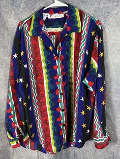 Chaus Size 16 Colorful Blouse Art To Wear Long Sleeve Collar Button Up Lightweig | eBay Multicolor Long Sleeve Shirt With Button Closure, Multicolor Long Sleeve Shirt With Buttons, Multicolor Long Sleeve Tops With Button Closure, Multicolor Collared Blouse With Button Closure, Multicolor Button Closure Blouse For Fall, Blue Long Sleeve Blouse With Colorful Pattern, Fall Multicolor Blouse With Button Closure, Multicolor Button-up Blouse With Button Closure, Multicolor Print Button-up Shirt With Colorful Pattern