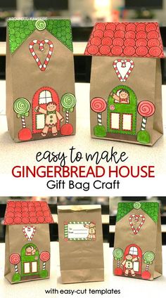 three bags with gingerbread houses on them and the words easy to make gingerbread house gift bag craft